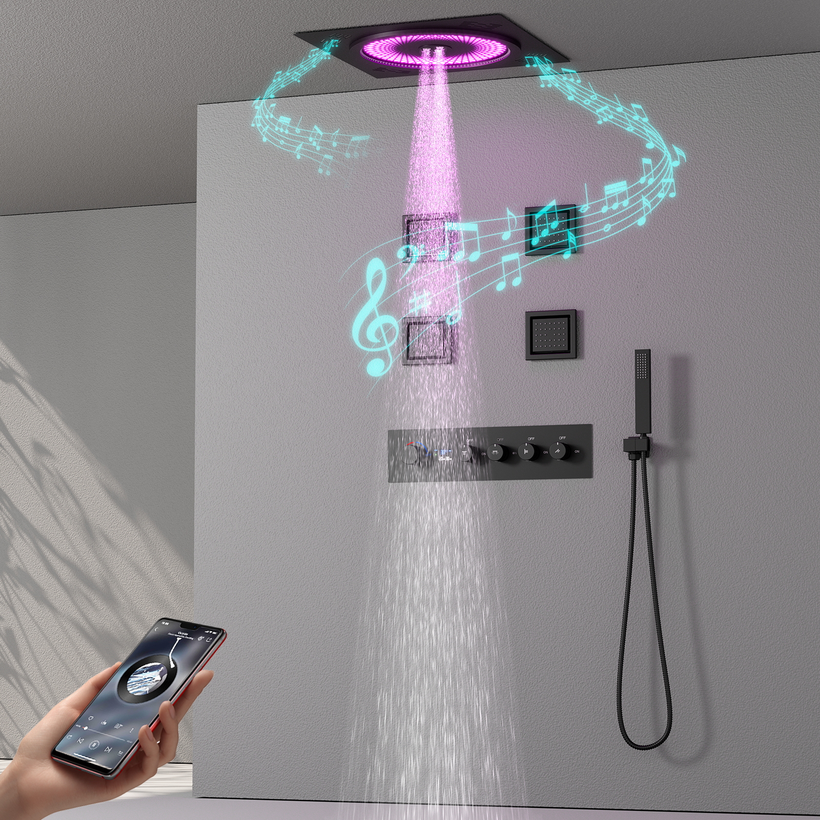 Whole Body Thermostatic Shower System LED Music Rain Shower Shower System Ceiling Mounted Water Bathroom Faucet