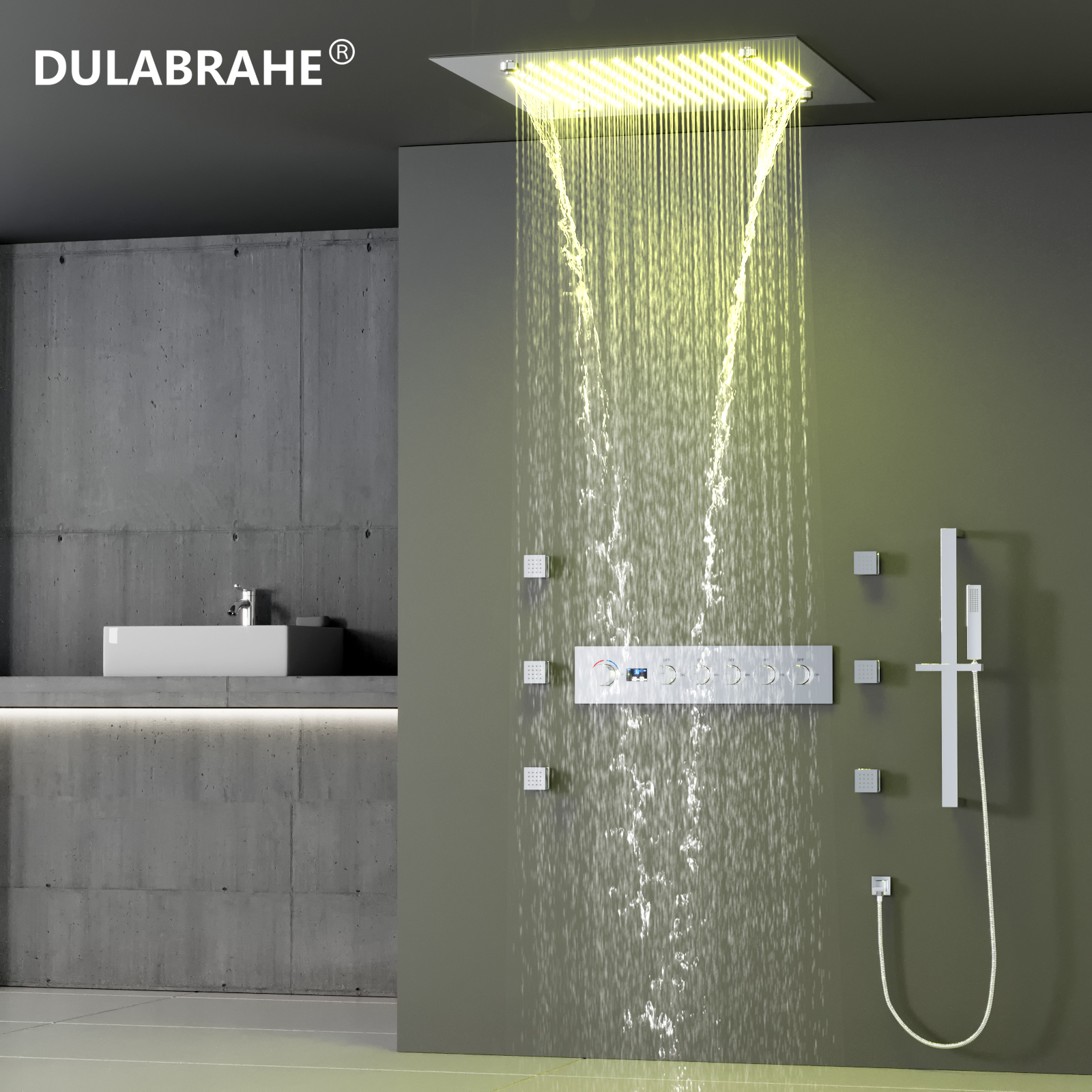5-feature Luxury Bathroom Shower Faucet Chrome-plated Glitzy LED Wall-mounted Hot & Cold Shower Rain Set with Music