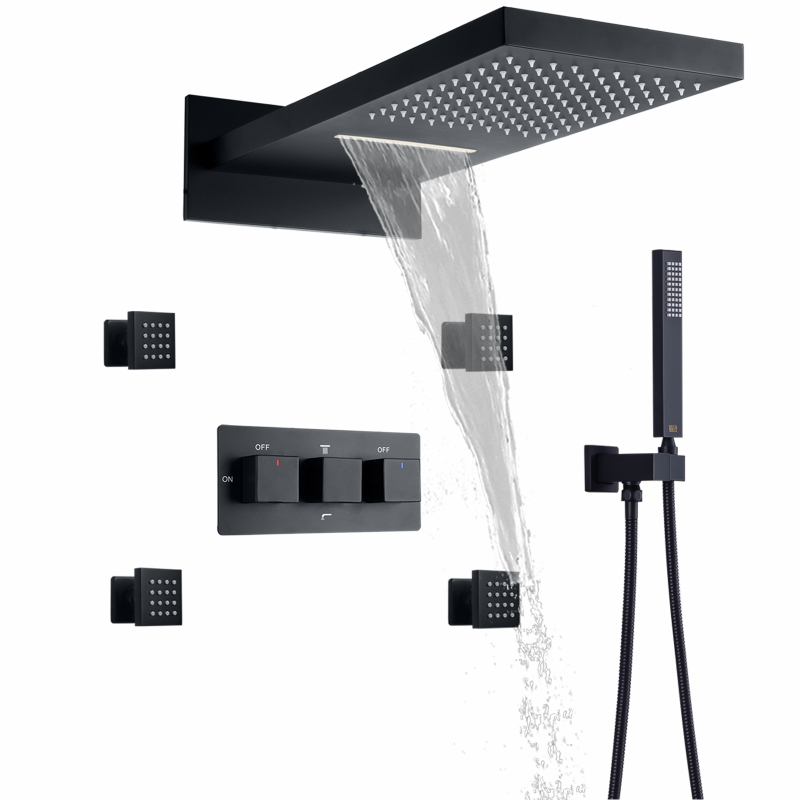 Matte Black Cold And Hot Concealed Shower Set With Spa Bathroom Waterfall Rainfall Handheld Shower Head Hydro Jet Massage
