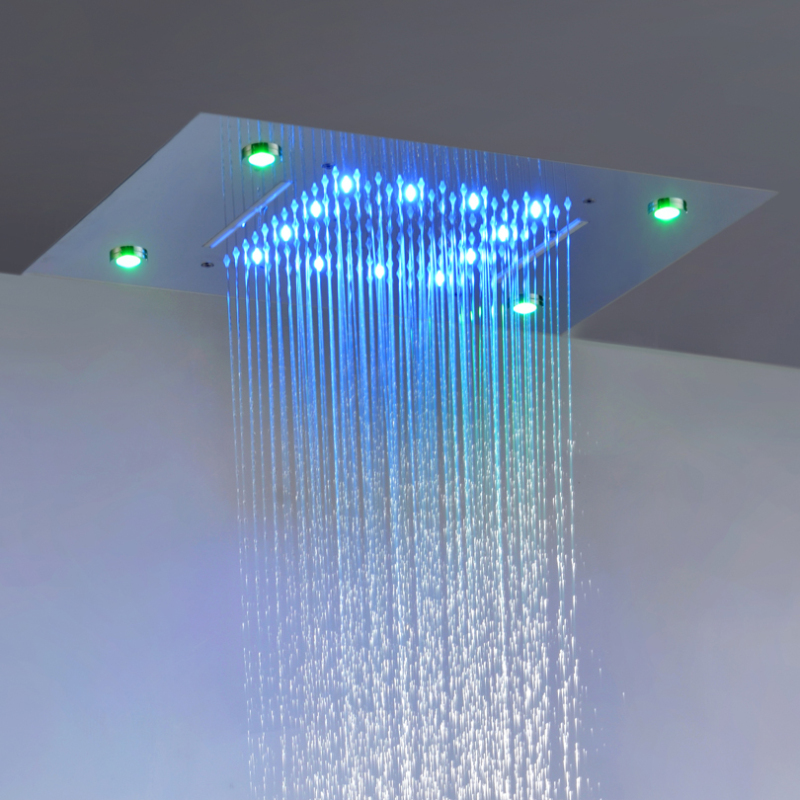 Chrome Polished Shower Faucets 50X36 CM LED Bathroom Bifunctional Waterfall Rainfall With 3 Color Temperature Changing