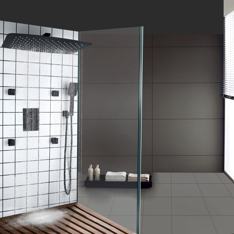 Matte Black Shower Faucet Set 55X35 CM Bathroom Hot And Cold Rainfall Shower Head With Three-Function Hand Shower