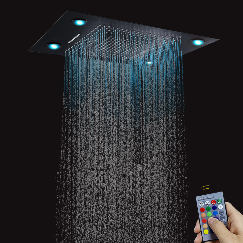 Matte Black 80X60 CM Bathroom Multifunction Shower Head With LED Control Remote Panel Shower Waterfall Atomizing Bubble