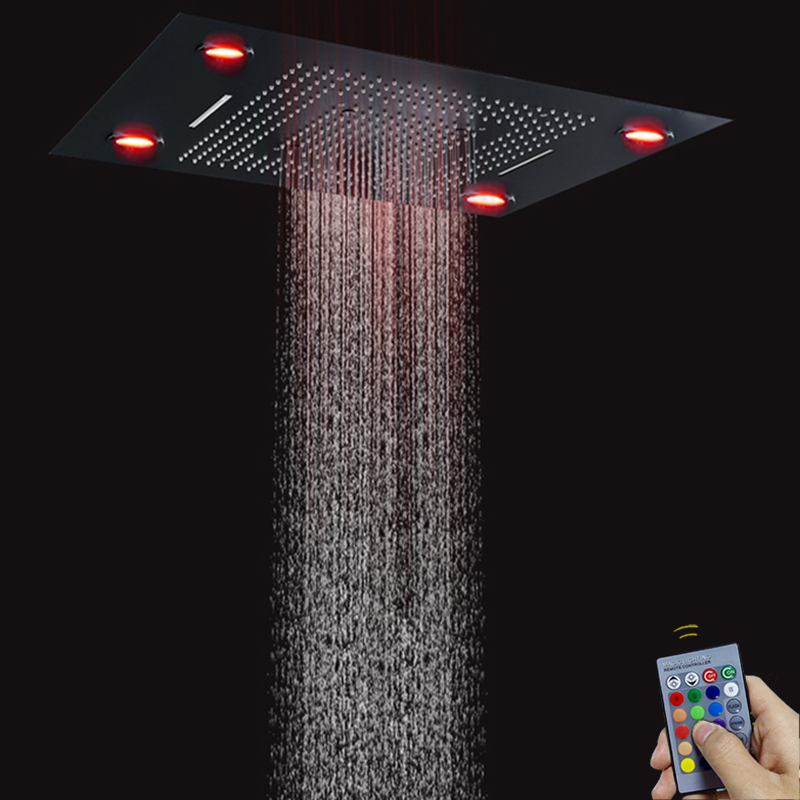 Matte Black 80X60 CM Bathroom Multifunction Shower Head With LED Control Remote Panel Shower Waterfall Atomizing Bubble
