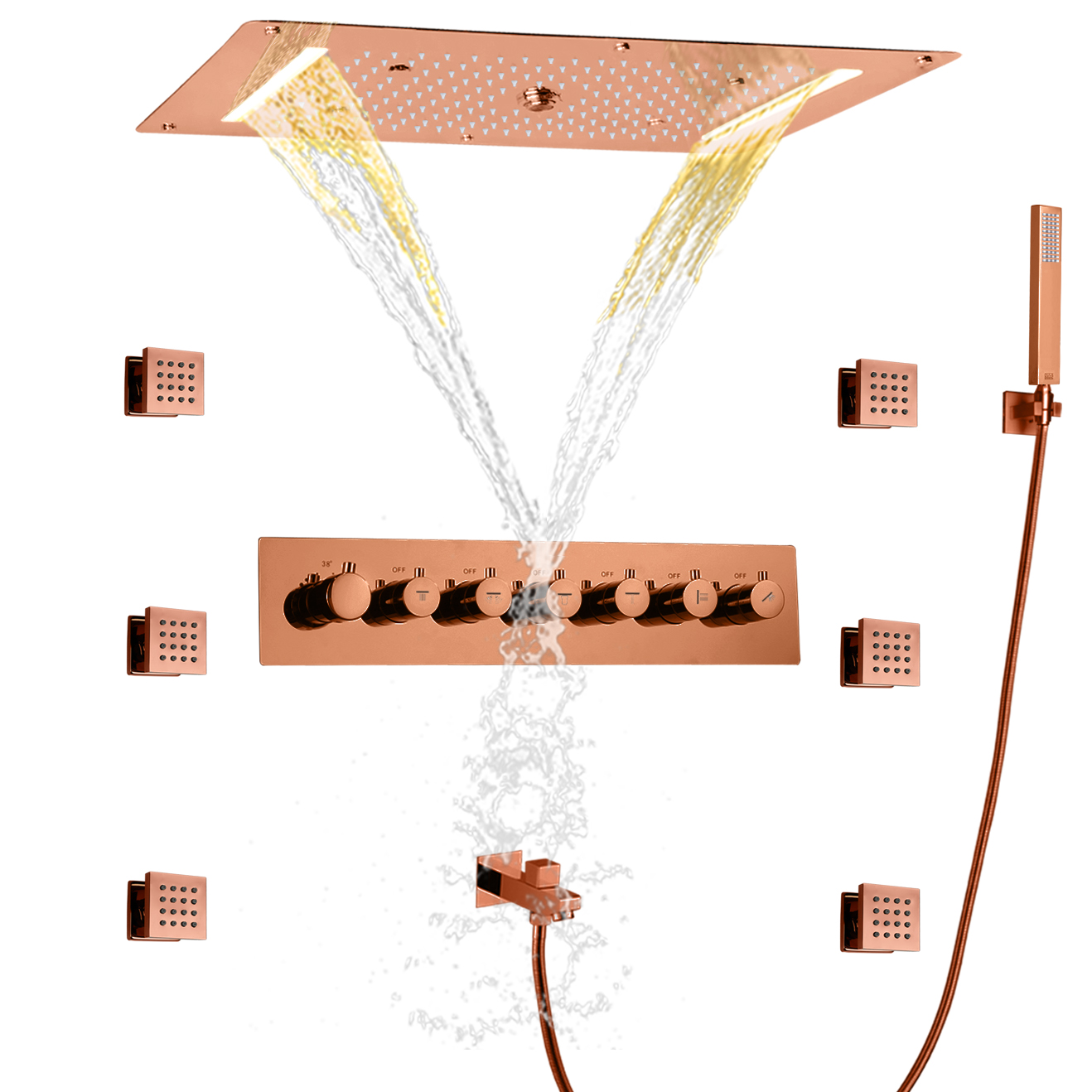 Rose Gold Embedded Bath Ceiling Shower Mixer Rainfall Waterfall Shower Tub Spout Combo Set