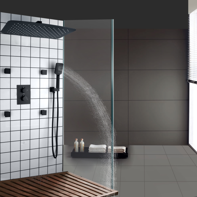Matte Black Shower Faucet Set 55X35 CM Bathroom Hot And Cold Rainfall Shower Head With Three-Function Hand Shower
