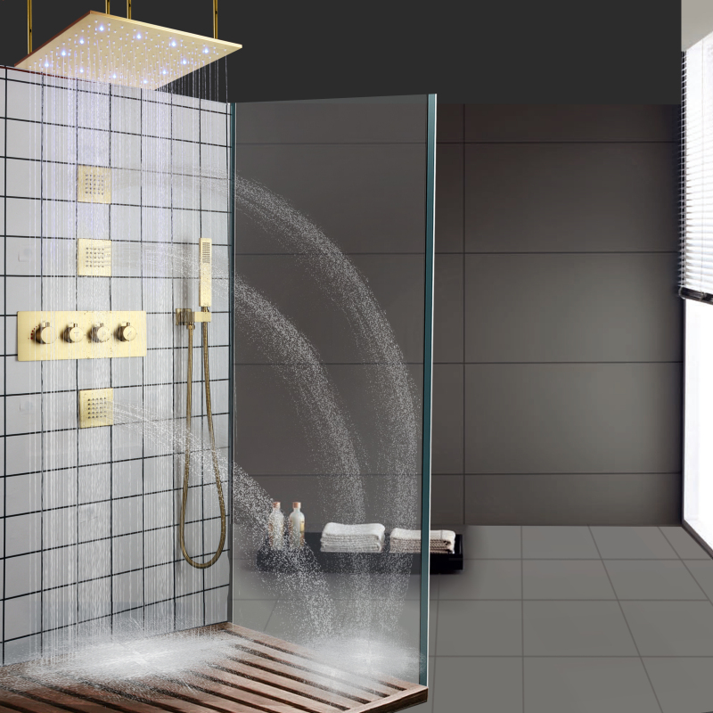 Brushed Gold Rainfall Shower Mixer 20 Inch LED Bathroom Thermostatic Showers Combo Set With Hand-Held Nozzle