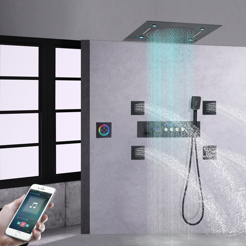Matte Black LED Bath Shower Faucet Stainless Steel Thermostatic Digital Display Bathroom With Music Function Shower Head