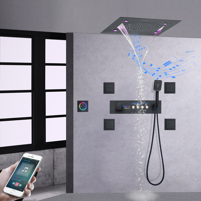 With Music Shower LED Matte Black Shower Faucet Temperature Digital Display Bathroom Waterfall Massage Spa Jet Shower
