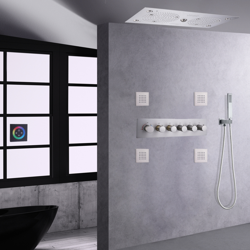 Ceiling Embedded Brushed Nickel Shower Head 620*320mm LED Bathroom With Music Features Shower Faucet Set