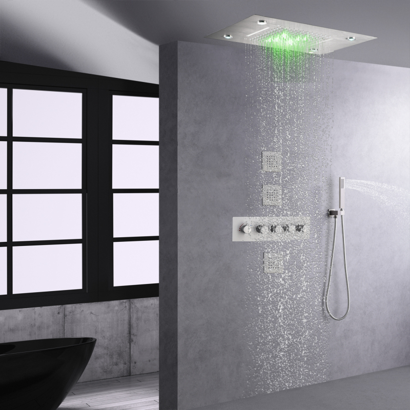Brushed Gold Thermostatic Shower Set 14 X 20 Inch Concealed Rainfall Waterfall With Hand Hold