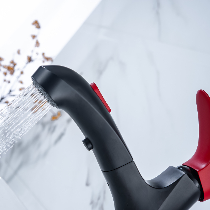 High Quality Black + Red Basin Faucet Sink Mixer Single Handle Pull Out Faucet