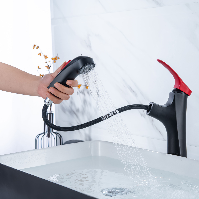 High Quality Black + Red Basin Faucet Sink Mixer Single Handle Pull Out Faucet