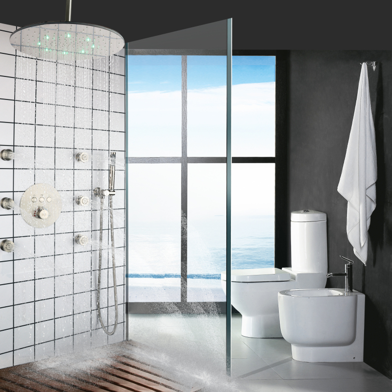 Brushed Nickel Thermostatic Brass Rain Shower Set Bathroom LED Rainfall Faucets Handheld Shower