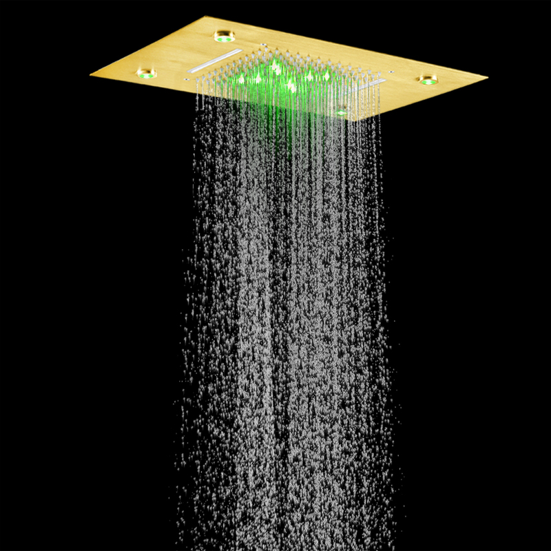 Luxury Brushed Gold Shower Head 50X36 CM LED Bathroom High Flow Shower Bifunctional Waterfall Rainfall
