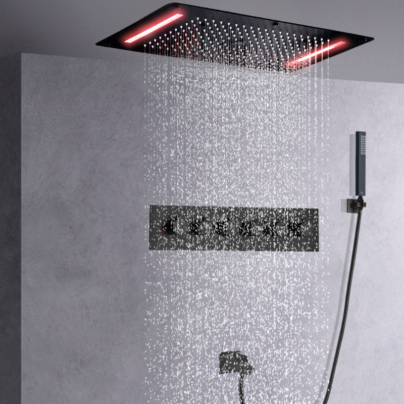 Bathroom Luxury Multi-function LED Oversized 380*700 MM Shower Head Matte Black Thermostatic Embedded Ceiling Shower Faucet Set