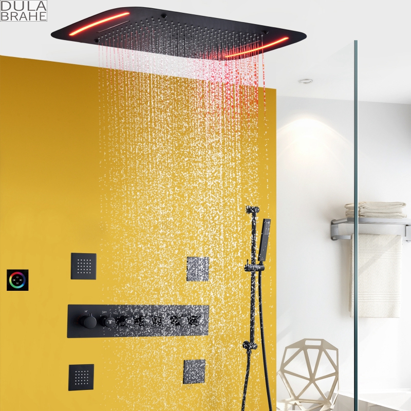 Matte Black Thermostatic Shower System With LED Panel Controlled Shower Head Waterfall Rainfall