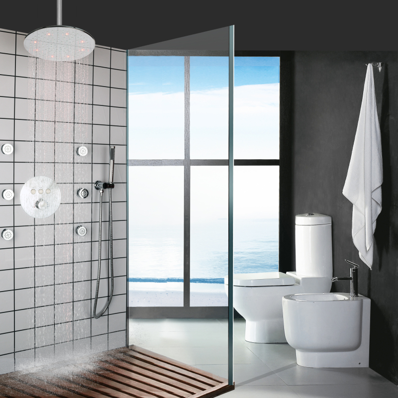 Chrome Polished Rainfall Thermostatic Shower System 10 Inch LED Bathroom Massage Body Jet Bath Shower Faucet Set