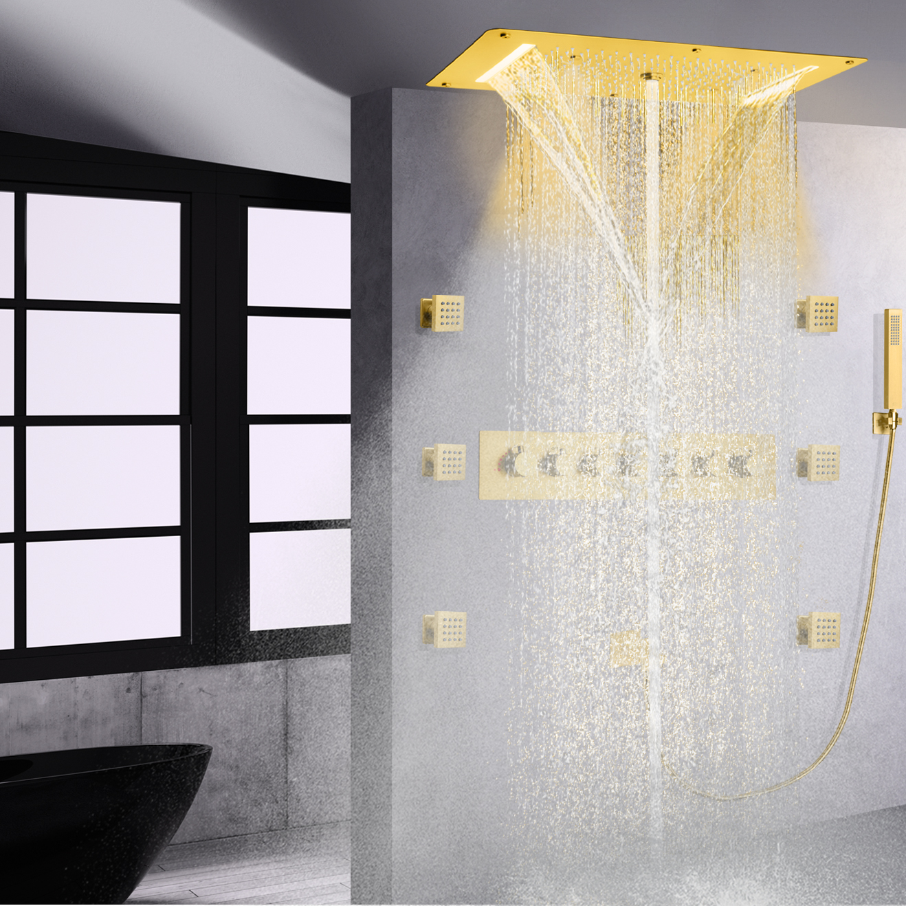 Brushed Gold LED Thermostatic Bathroom Shower Set Rainfall Concealed Shower System Handheld Tub Spout