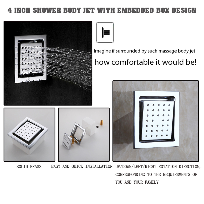 Chrome Polished Shower Head 4 Inch Bathroom In-wall Installation Side Spray Shower Adjustable With Embedded Box