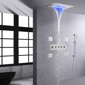 Thermostatic Conceal Bath & Shower Faucets Brushed Nickel Bath Shower Set 14 X 20 Inch Waterfall And Rain LED Shower Head