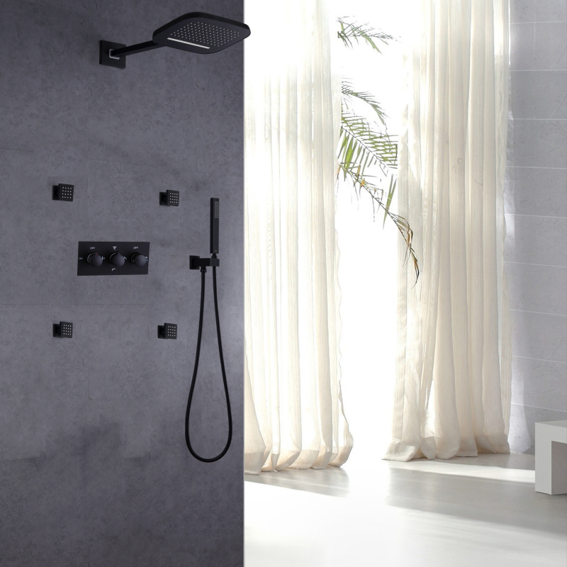 Matte Black Bathroom Cold And Hot Waterfall Rainfall Shower Mixer Set Hydro Jet Shower Head Handheld