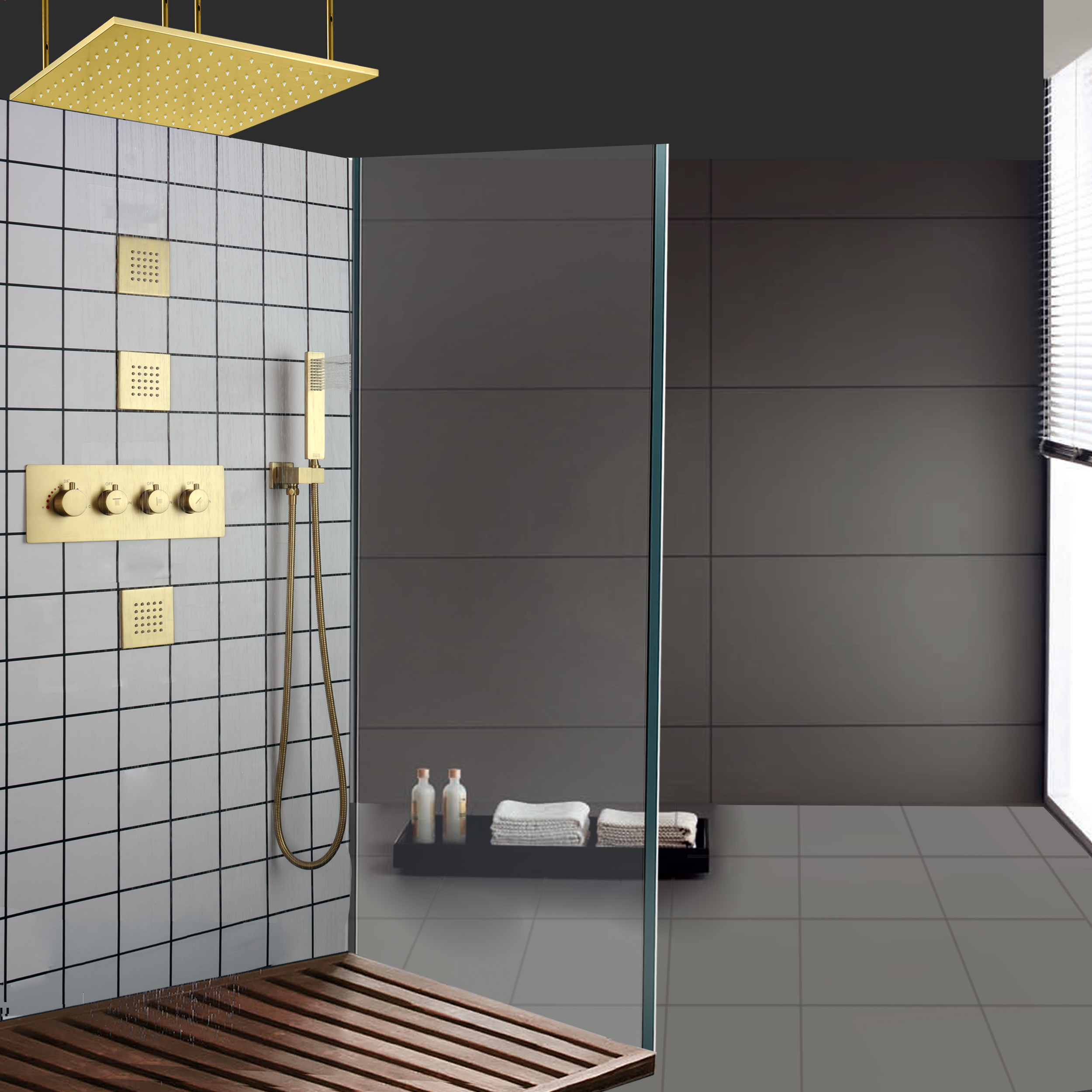 Brushed Gold Shower Mixer LED Bathroom Shower Panel Rainfall Thermostatic With Hand-Held Nozzle Spa