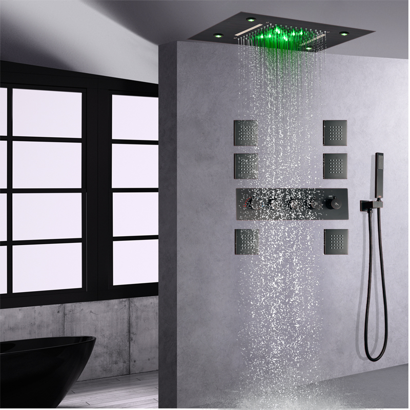 Oil Rubbed Bronze Thermostatic Rain Shower System 14 X 20 Inch LED Bathroom Shower Mixer Set Waterfall Rainfall Shower Head