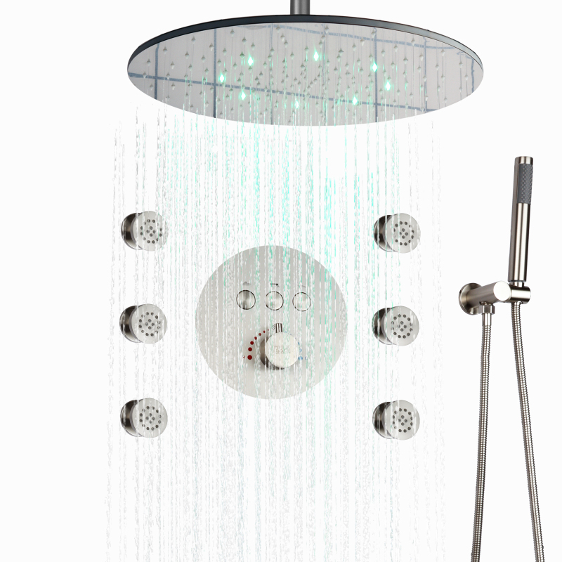 Thermostatic LED Rainfall Round Shower System Set Ceil Mounted 20 Inch Rain Shower Head Brushed Nickel Body Jets