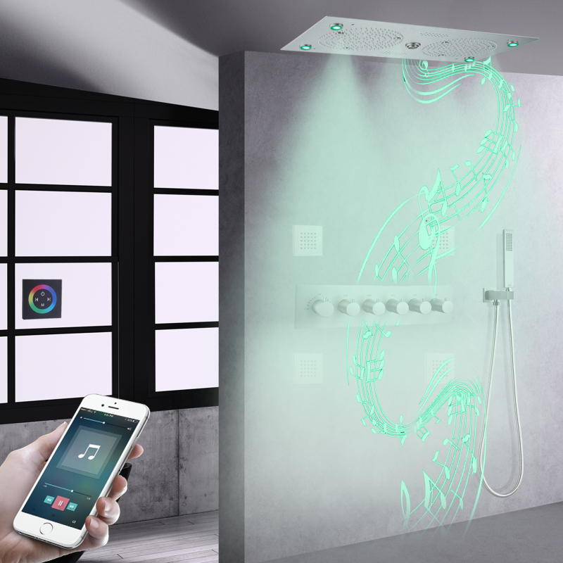 Brushed Nickel Thermostatic Shower System Set 620*320mm LED Bathroom With Music Multifunction Massage Full Bathing Shower