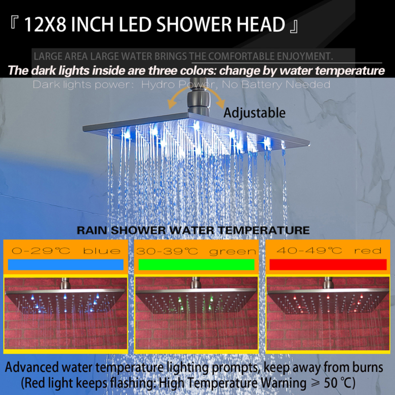 Brushed Nickel 28X18CM Shower Head LED 3 Color Temperature Changing Bathroom Wall Mount Rainfall Shower