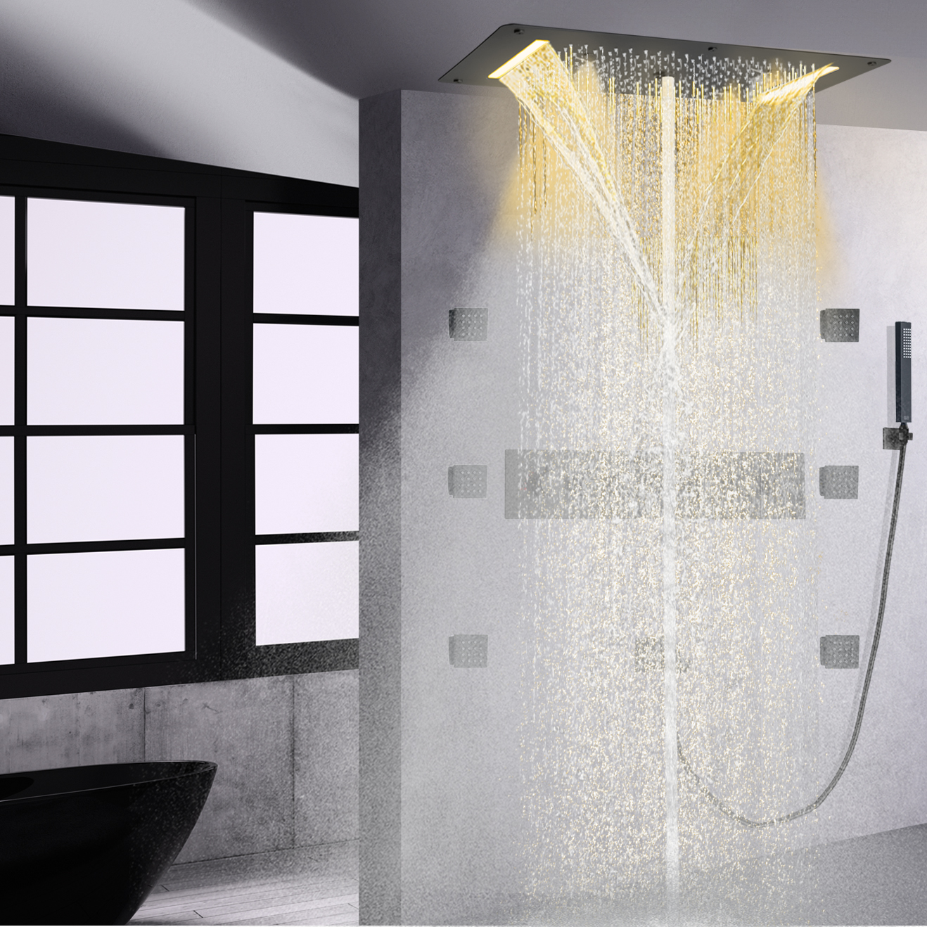 Matte Black LED Thermostatic High Flow Shower Mixer Set Wall Mount Concealed Waterfall Mist Rain Handheld Massage