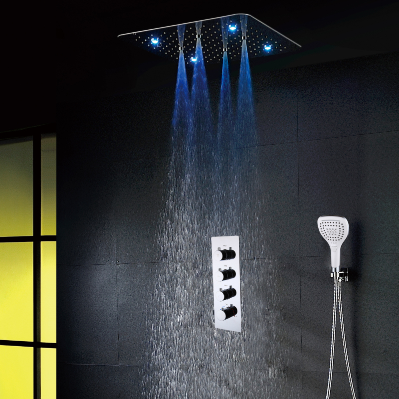 Bathroom Luxury Ceiling Spa Massage Shower Head 7 Color Led Rain Overhead with Handheld Shower Mixer Set