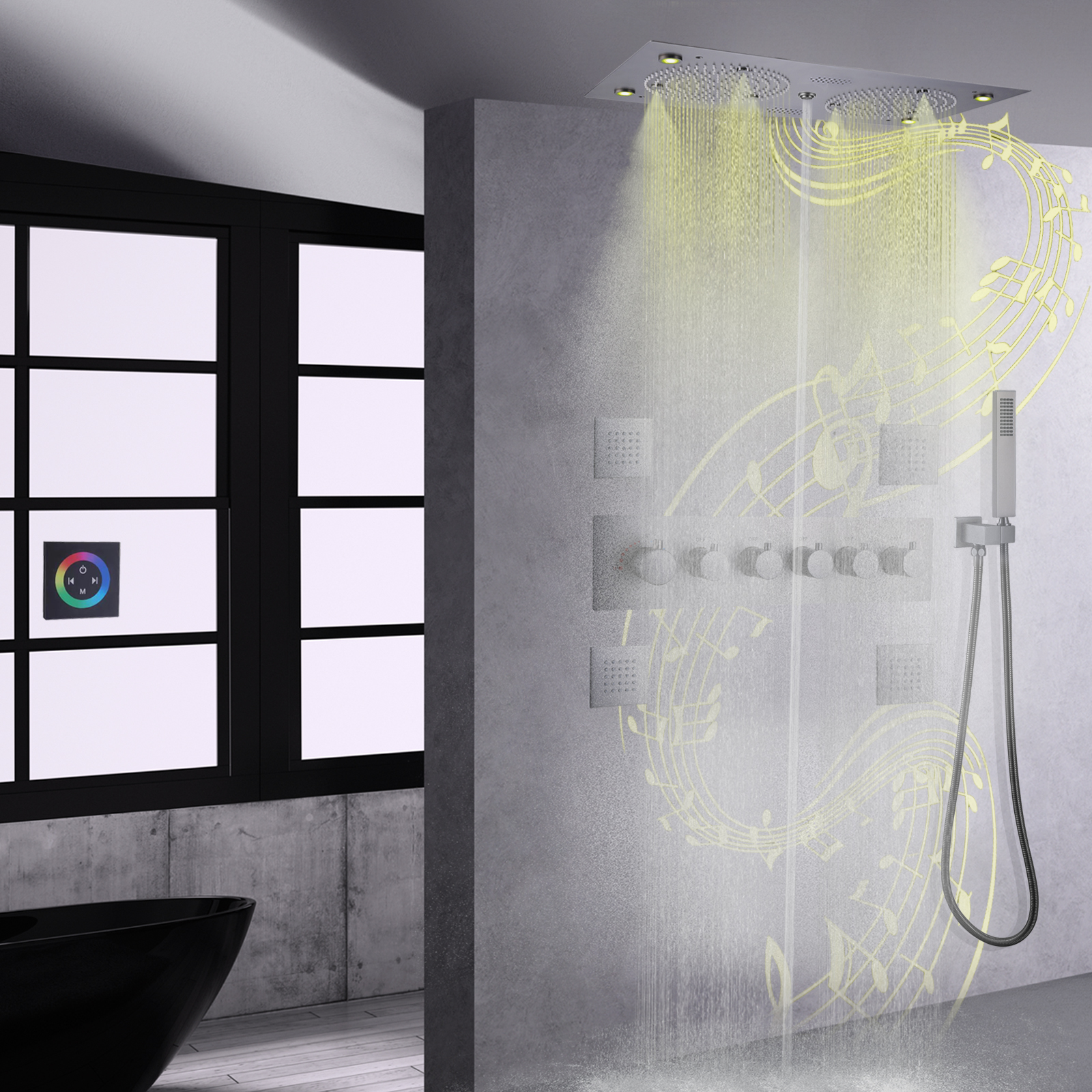 Shower Head Music Shower Set LED Ceiling Rain Mist Thermostatic Gun Gray Faucets Douche Body Jet 4 Inch