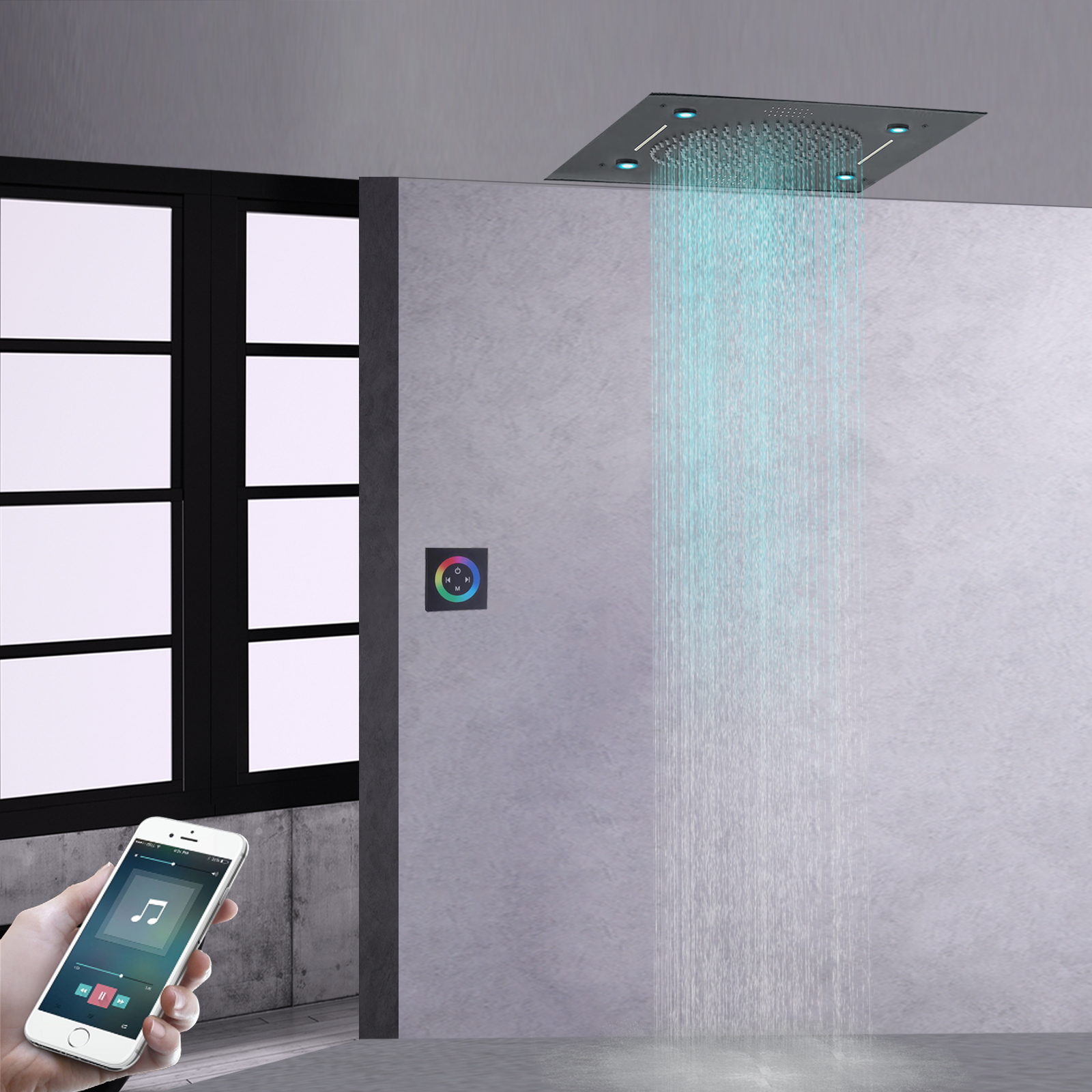 Smart Music Multiple Function Shower Head Rainfall Mistfall Waterfall Water Curtain Remote Control LED Bathroom Shower