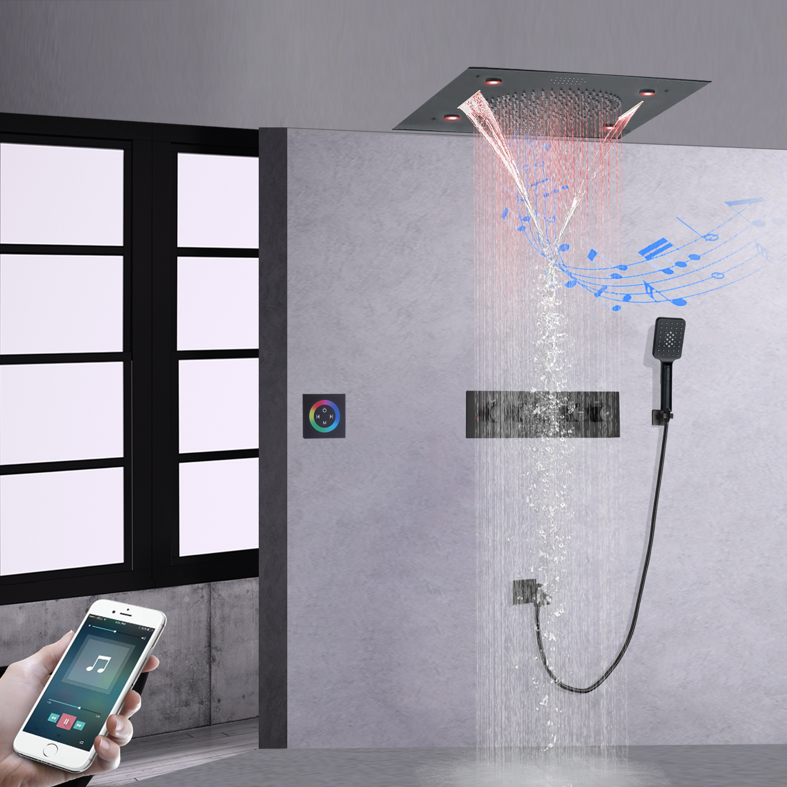 Thermostatic Bathroom 24 Inch Shower Set Concealed Ceiling Rainfall 304sus Waterfall Music LED Shower Head For Massaging Set