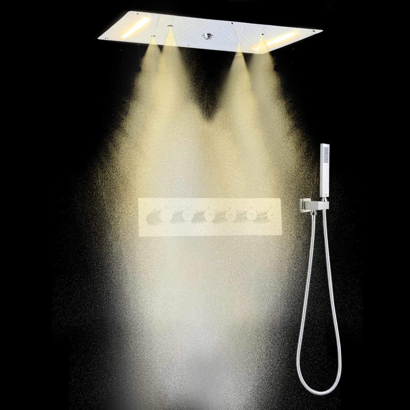 700X380MM SUS 304 Ceiling Mounted SPA Bathroom LED Thermostatic Mist Spray Waterfall Rainfall Shower Head Set