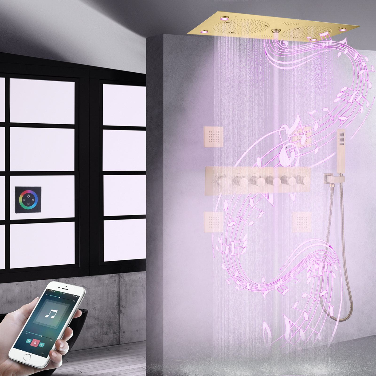 Brushed Gold LED Thermostatic Bathroom Bath Shower Faucet Music Rain Mist With Handheld Shower Set