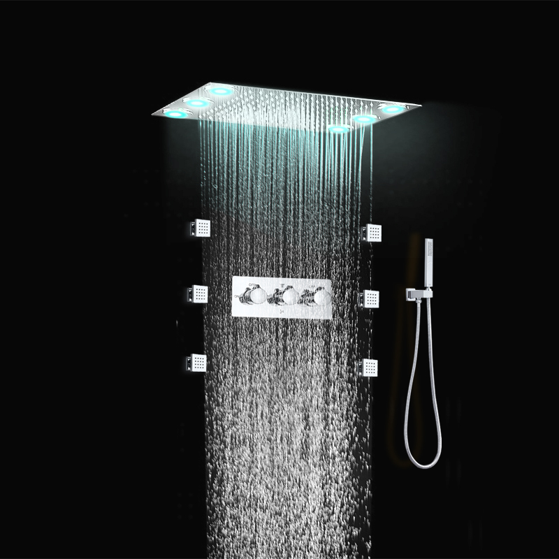 Recessed rainfall shower head led square shower set 6 body jets 304 stainless steel bath accessories hand shower