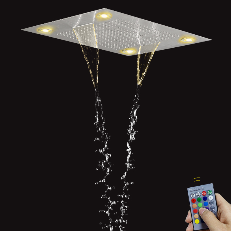Brushed Nickel 80X60 CM Bathroom Shower Faucet With LED Control Remote Panel Rainfall Concealed Shower Waterfall