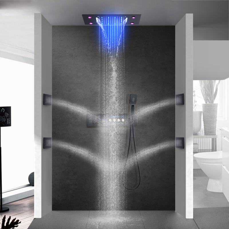 14*20Inch Matte Black LED Bath Shower Faucet Stainless Steel Thermostatic Digital Display Bathroom Shower Set System