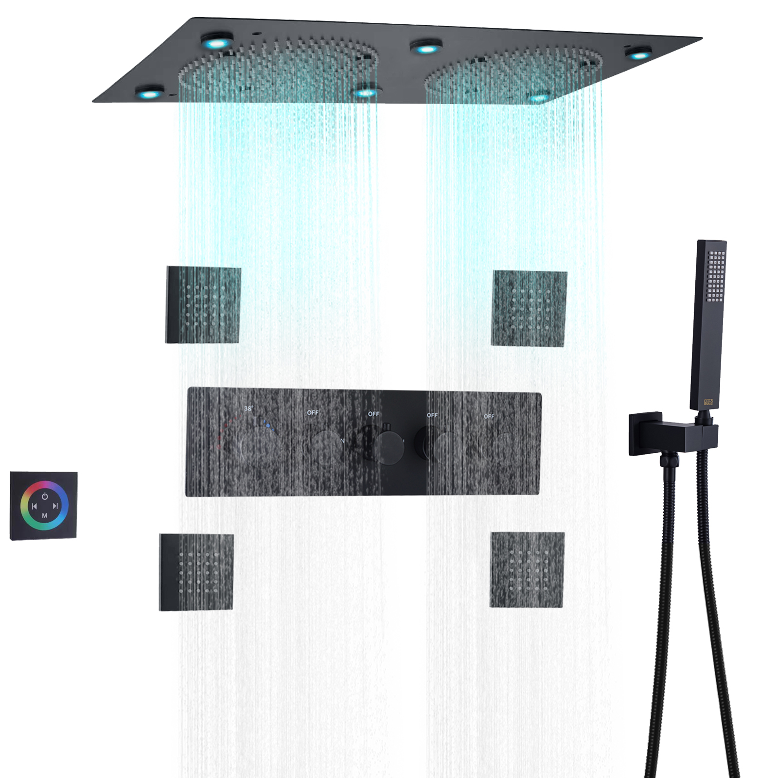 Matte Black LED Bathroom Thermostatic Shower Mixer High Flow Rainfall Ceiling Shower System