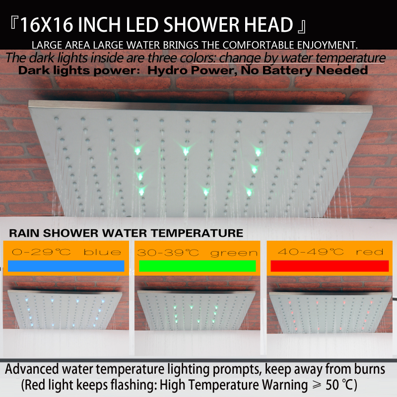 Brushed Nickel Thermostatic Shower Faucet Set 16 Inch LED Bathroom Adjustable Shower Head Holder With Hand-Held Nozzle