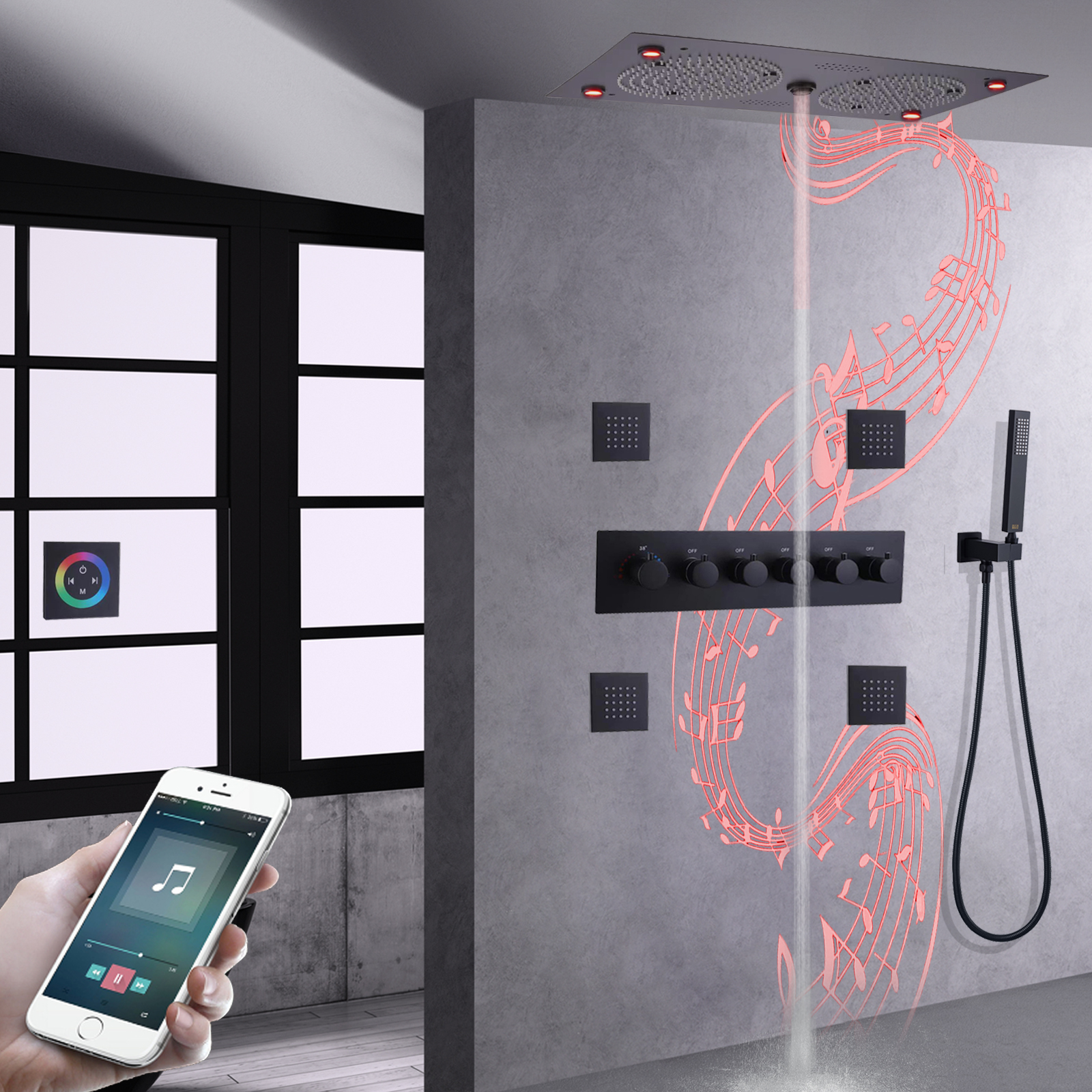 Modern High Quality Colorful LED Music Shower Matte Black Faucet Set Massage Rainfall Thermostatic