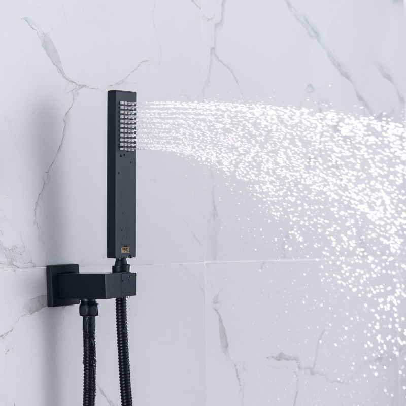 Black Rain Shower Head With Handheld Spray Wall Mounted 8 X 12 Inch Thermostatic LED Rainfall Shower System Brass Massage Jet