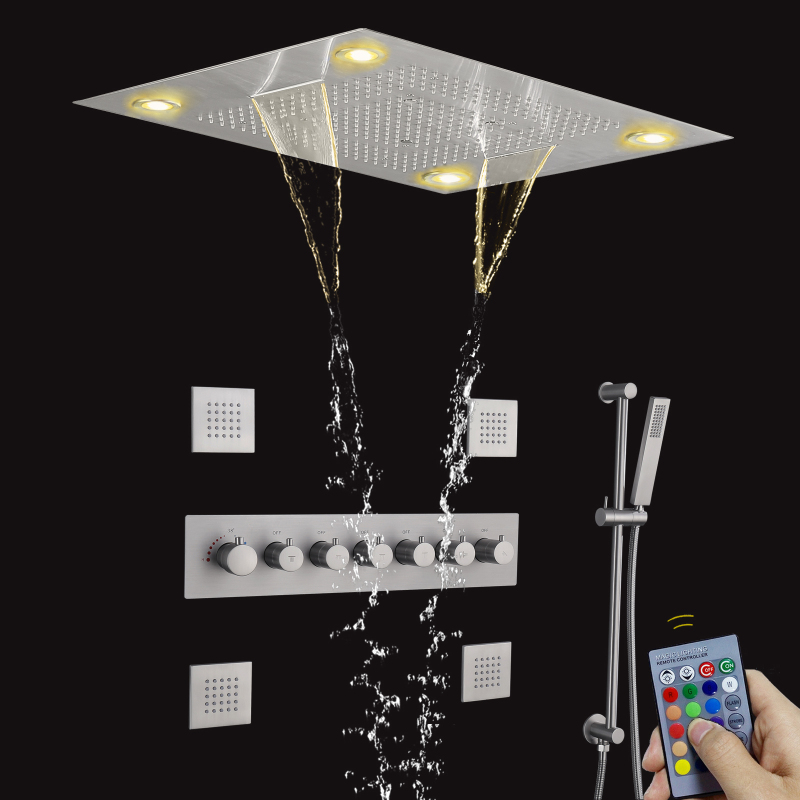 Top-end Shower LED Remote Control Shower Head With Handheld Rainfall Thermostatic Concealed Set