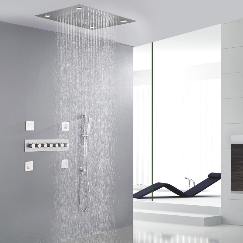 Brushed Nickel Shower Faucet LED Bathroom Thermostatic Shower Set With Body Jets Rainfall Shower System