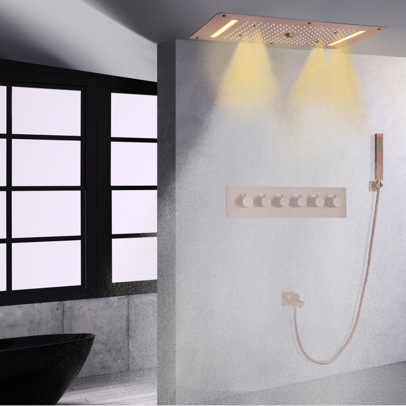 Brown Thermostatic Bathtub Shower System LED Concealed Rainfall Waterfall With Handheld Hydro Pressure Shower