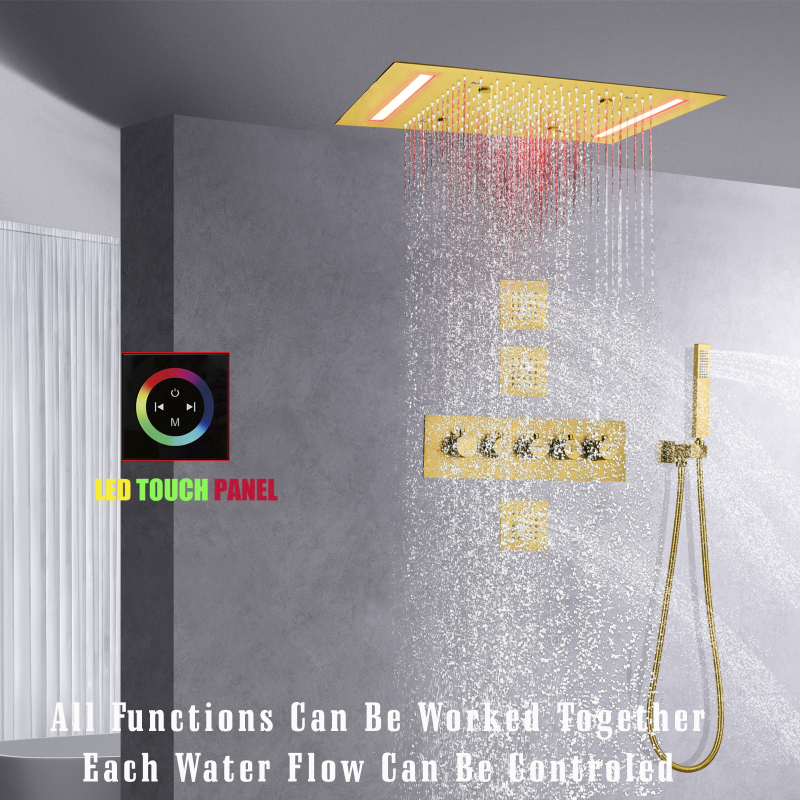 Brushed Gold Rain Shower Head With Handheld Sprays Thermostatic Bath & Shower Set 14 X 20 Inch Ceiling LED Top Shower Faucet