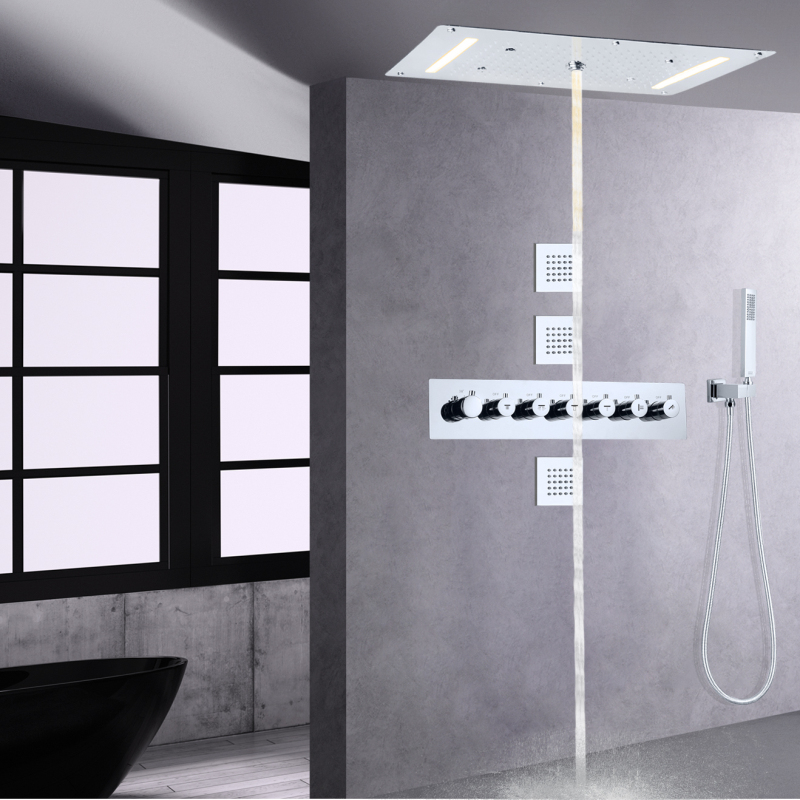 Chrome Thermostatic Shower Faucet Set 700X380 MM LED Luxurious Bathroom Waterfall Rainfall