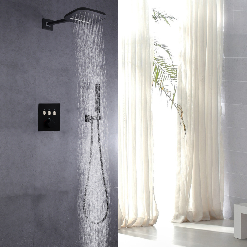Thermostatic in Wall Mounted Rain Concealed Shower Set Matte Black Rainfall Waterfall Hand Hold